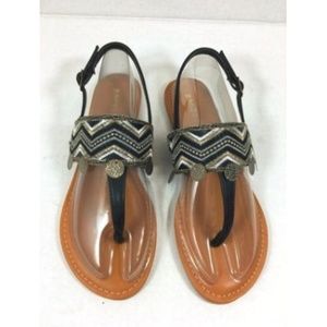 Womens Boho Chevron Embroidered T-Strap Sandal 6.5 Black Gold with Charms